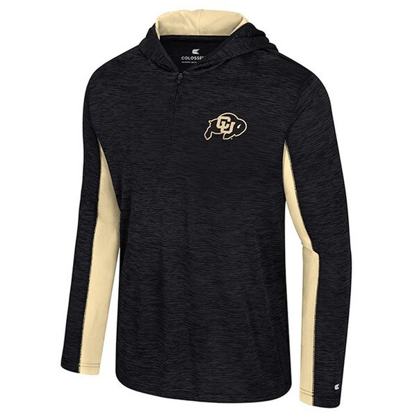 Black quarter-zip hooded pullover with CU Buffaloes logo on chest and contrasting gold panels on sides and underarms.